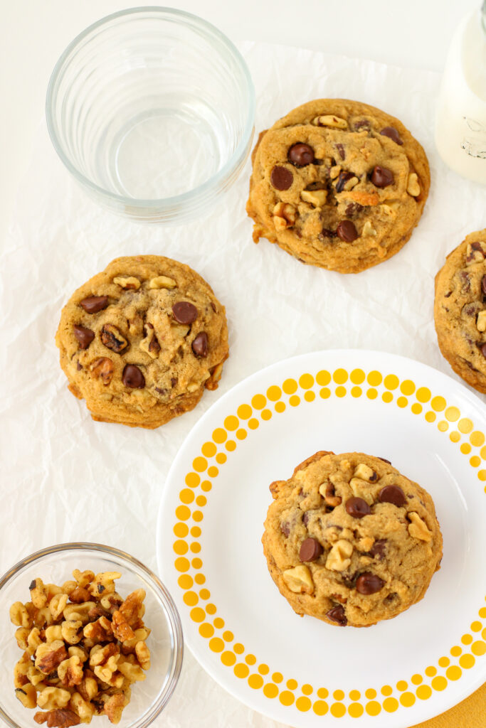 Walnut Chocolate Chip Cookies and a glass