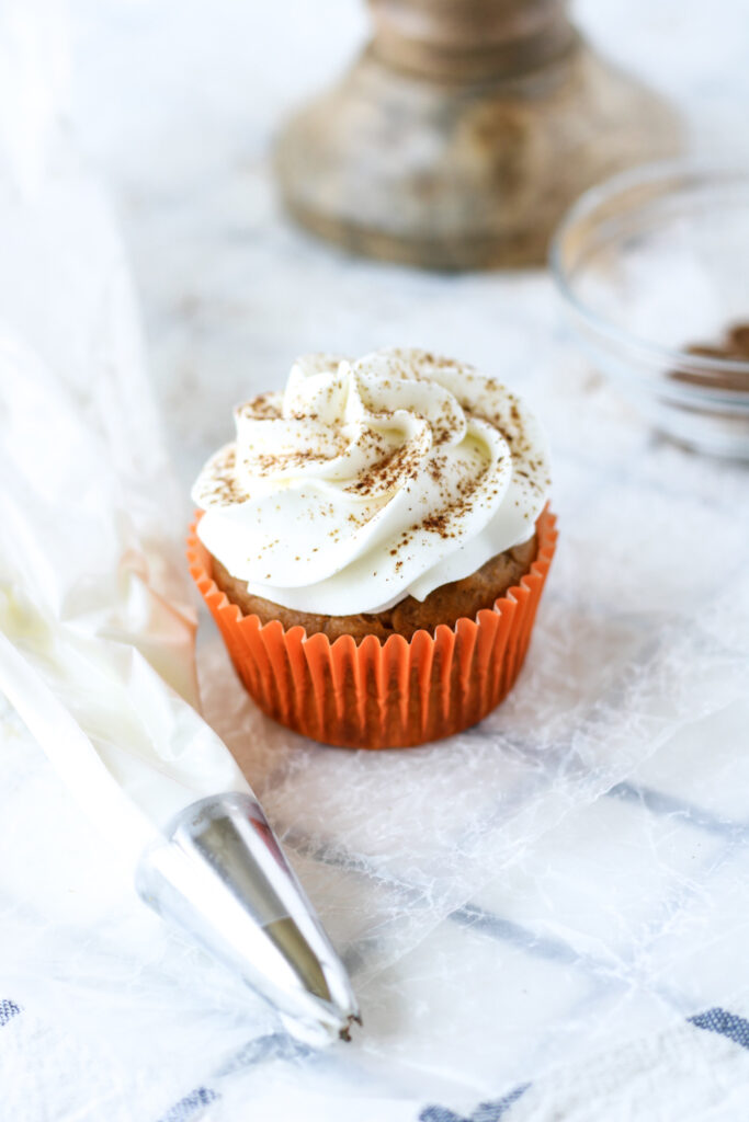 Pumpkin Spice Latte Cupcakes with stabilized whipped cream