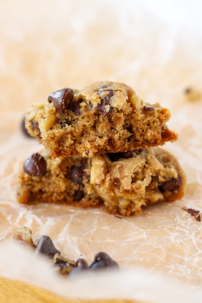 Walnut Chocolate Chip Cookie broken in half