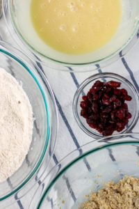 Wet and dry ingredients ready to combine.