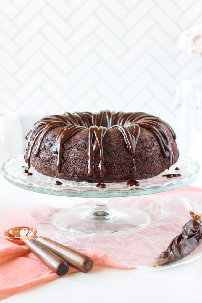 Chocolate Mayonnaise Bundt Cake on a cake stand