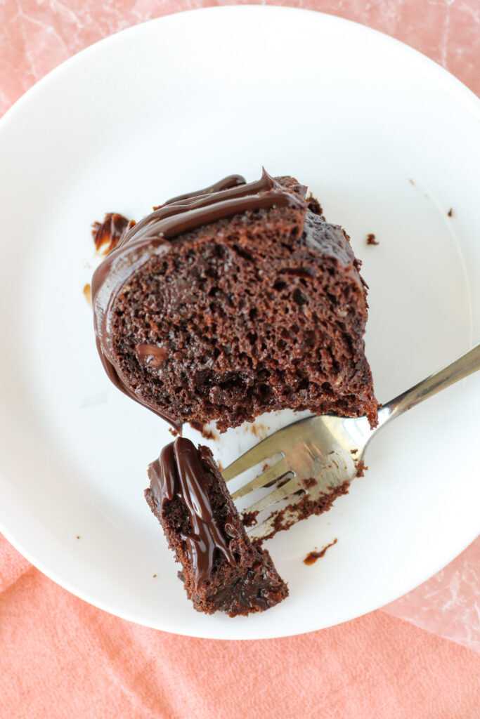 Chocolate Mayonnaise Bundt Cake on a plate with a fork