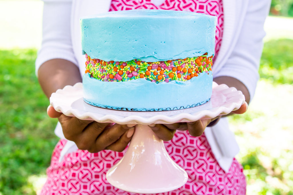 Fault line cake on a cake stand