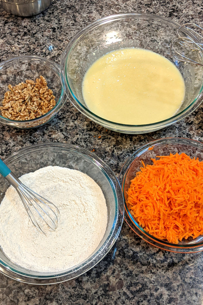 Walnuts, shredded carrots, wet and dry ingredients