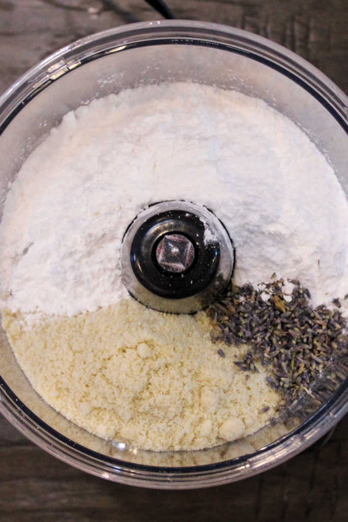 Almond flour, powdered sugar, and lavender in the food processor