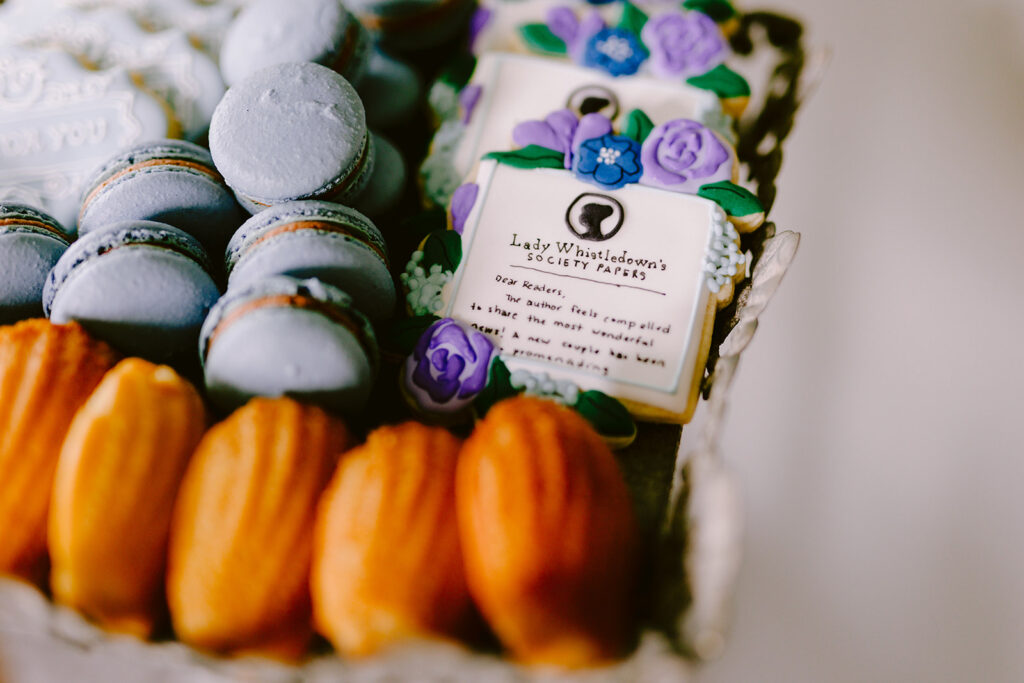 Bridgerton Styled Shoot with madeleines, macarons, and cookies