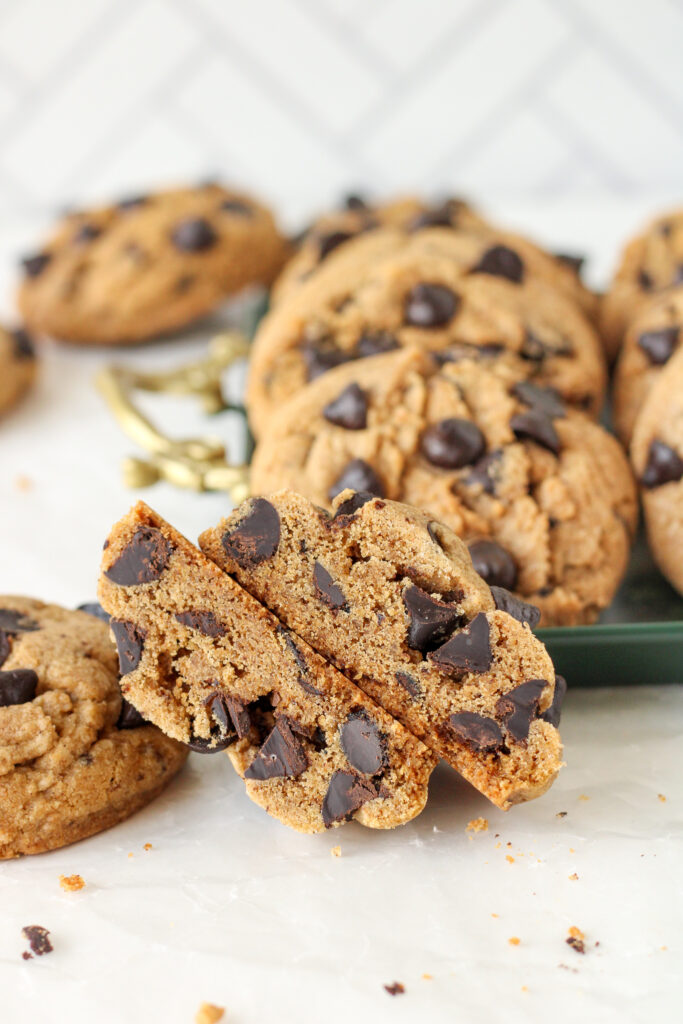Brown Butter Espresso Chip Cookies cut in half