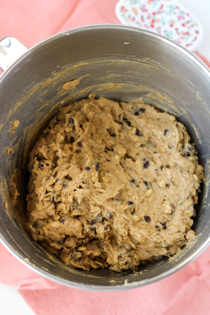 Banana Chocolate Chip Cookie Dough in a mixing bowl