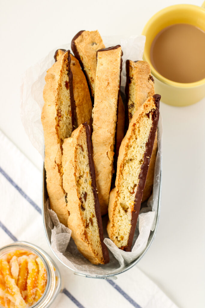 Orange Cardamom Biscotti with tea and candied orange peel