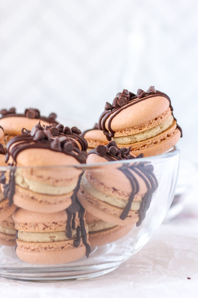 Cookie Dough Macarons in a glass bowl
