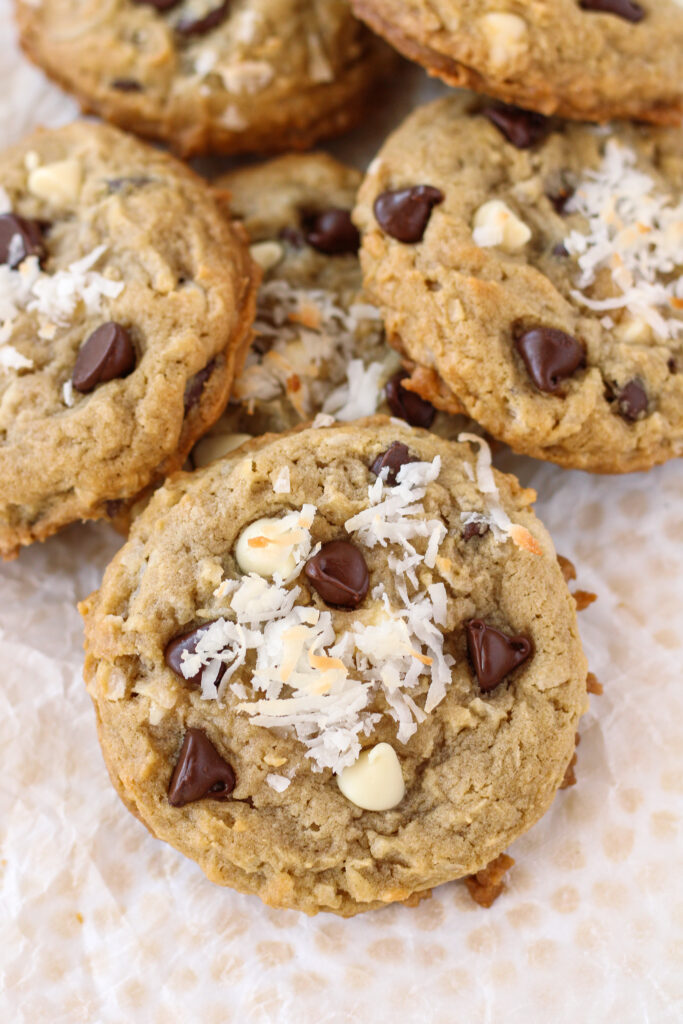 Coconut Chocolate Chip Cookies in a pile