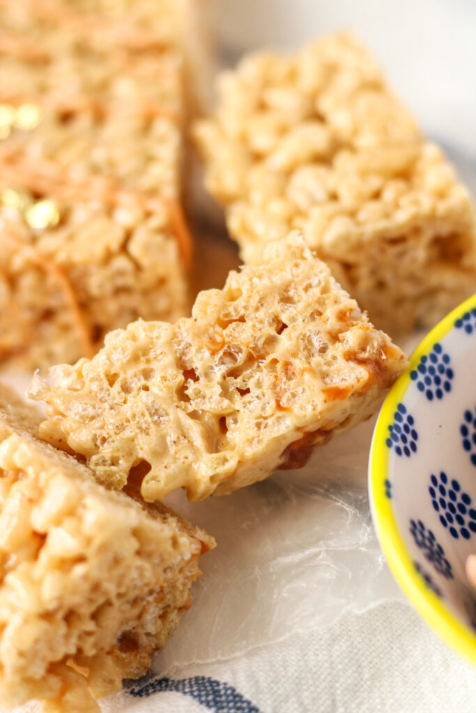 Sliced Brown Butter Caramel Rice Krispie Treats
