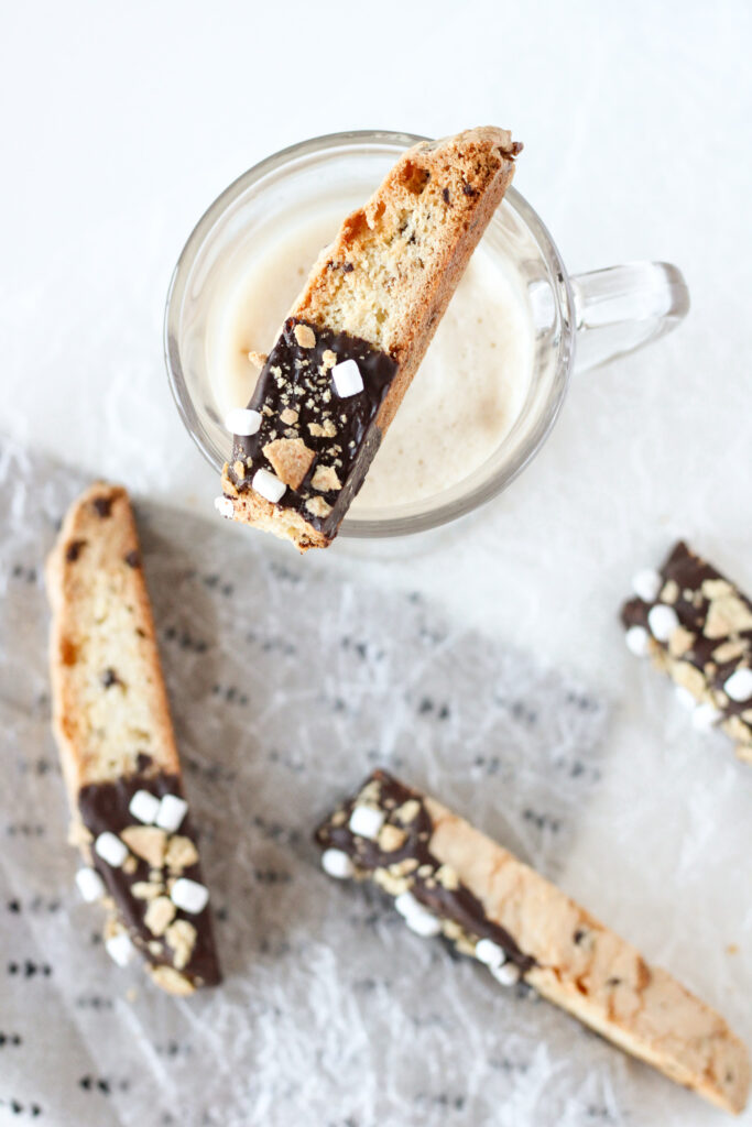 S'mores Biscotti with one on top of a mug of tea