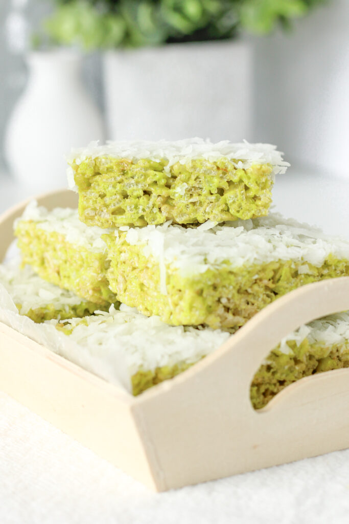 Pandan Rice Krispie Treats with shredded coconut