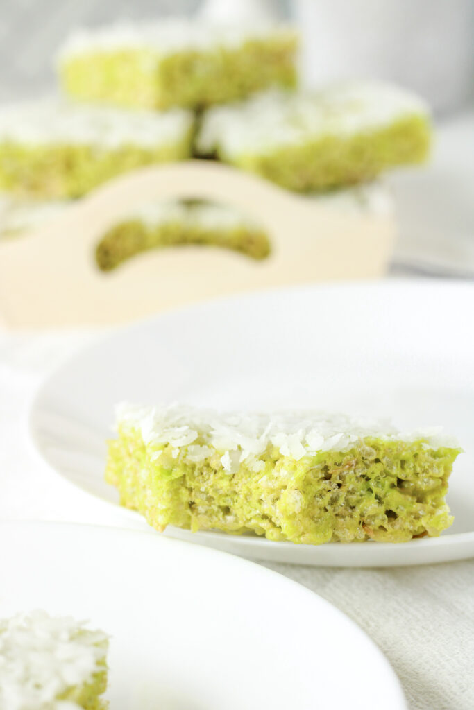 Pandan Rice Krispie Treats with shredded coconut