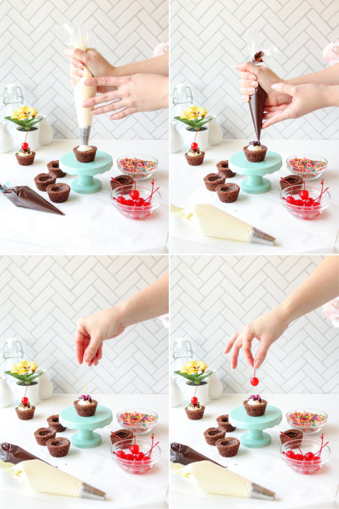 4 images showing how to fill and top the mini brownie cups