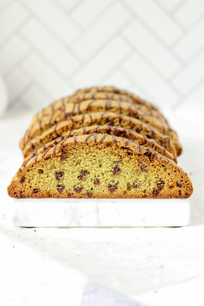 Matcha Chocolate Chip Biscotti on a marble serving board