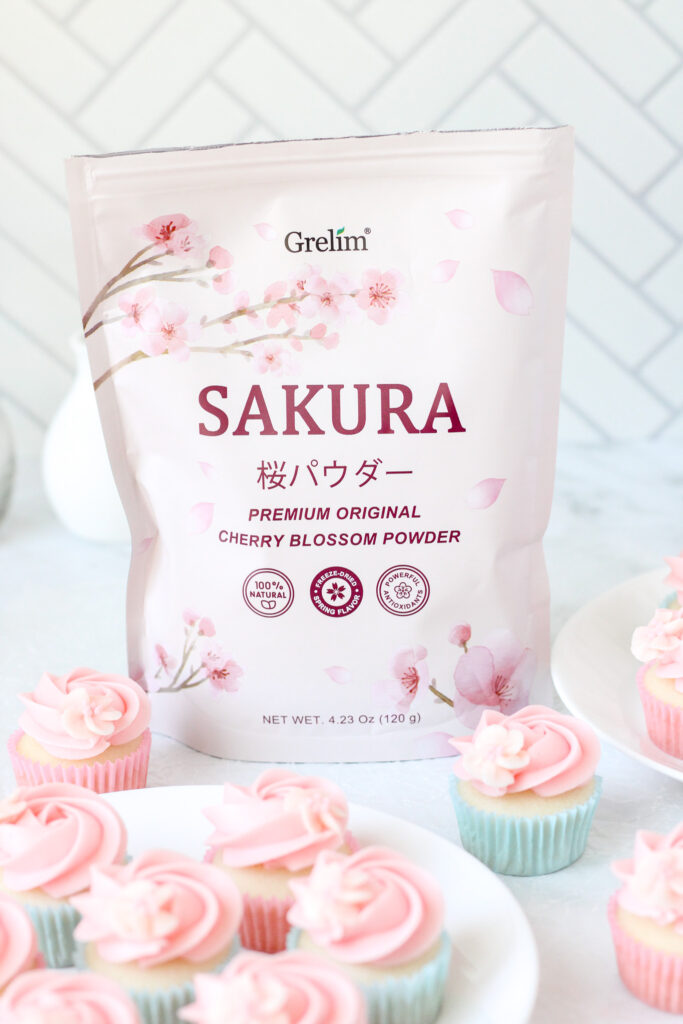 A bag of cherry blossom powder with Mini Cherry Blossom Cupcakes