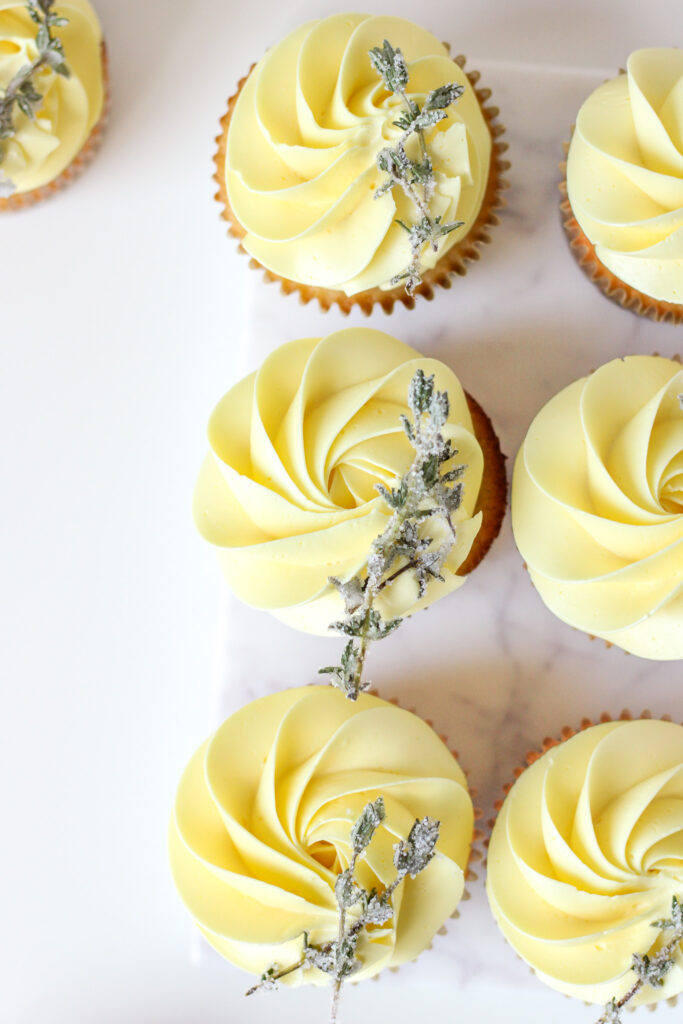 Lemon, Cardamom, and Thyme Cupcakes with crystallized thyme